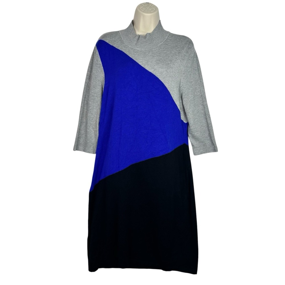 Calvin Klein Womens XL Colorblock Sweater Dress Blue Gray Black Mock Neck Midi
